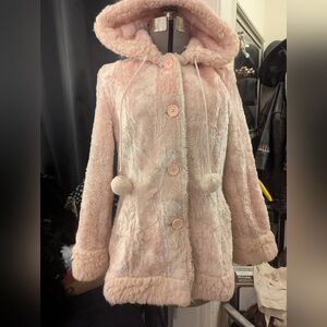 Women's Pink Faux Fur Hooded Coat